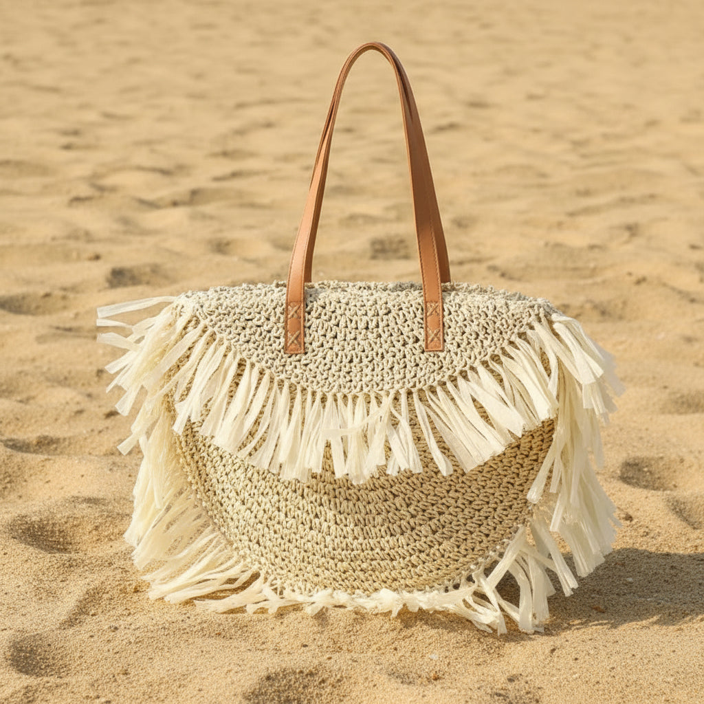 Coastal Fringe Straw Tote Bag