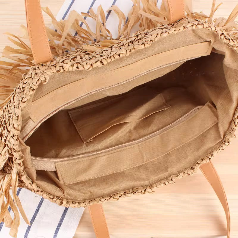 Coastal Fringe Straw Tote Bag