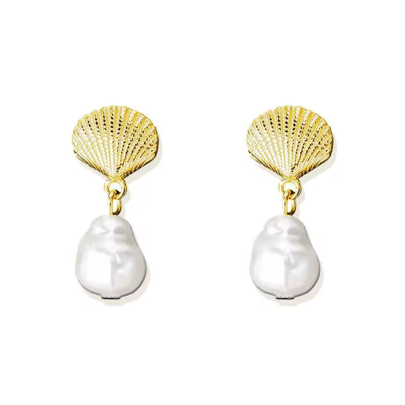 Seashell and Baroque Pearl Drop Earrings