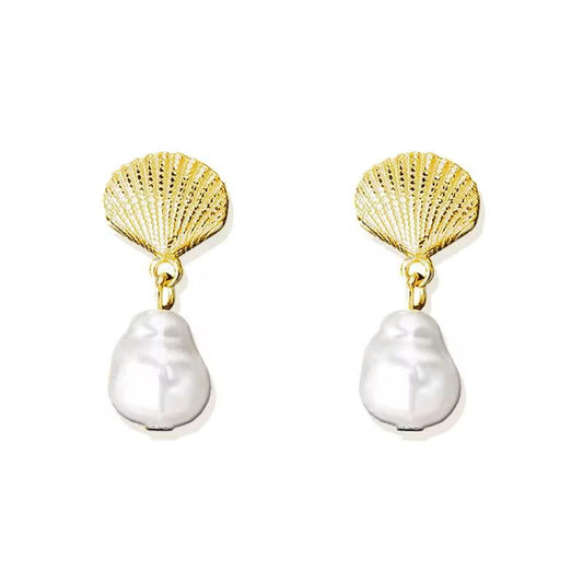 Seashell and Baroque Pearl Drop Earrings