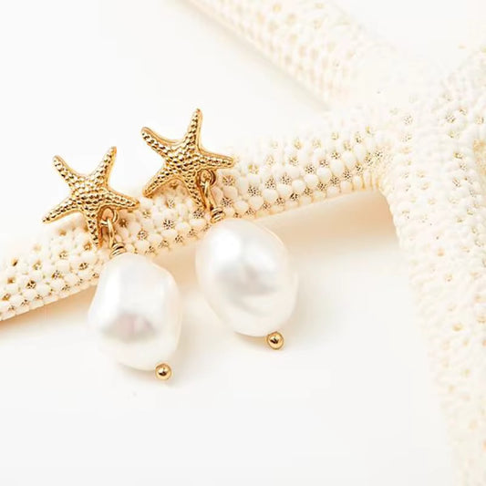 Starfish & Baroque Pearl Drop Earrings